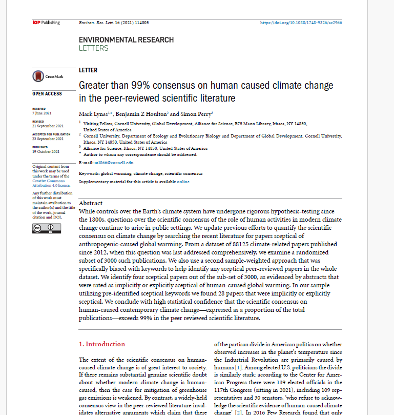 Greater than 99% consensus on human caused climate change in the peer-reviewed scientific literature
